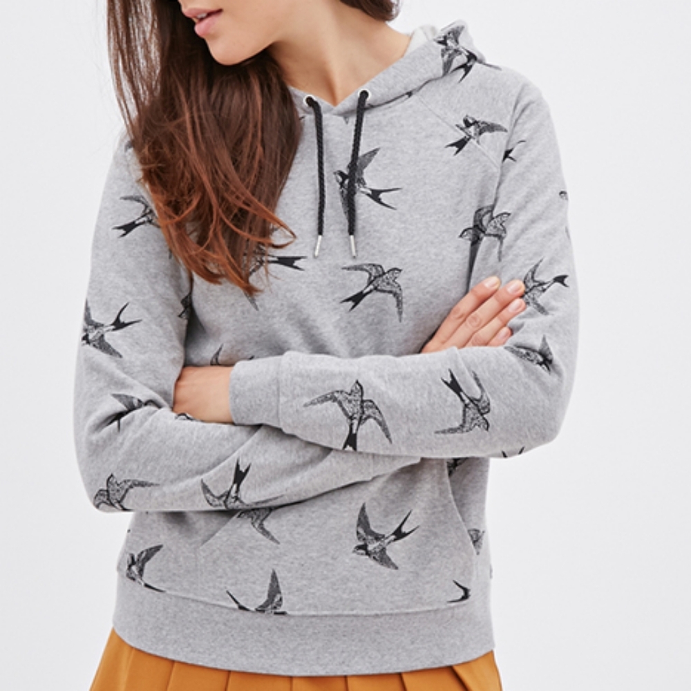 Grey Bird Print Hoodie